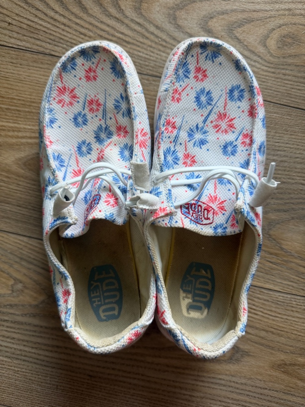 Hey Dude White Canvas Moccasins with Red & Blue Floral Print